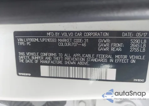 2018 Volvo S90 T6 Inscription z USA, uszkodzony, nr VIN LVY992ML1JP016593